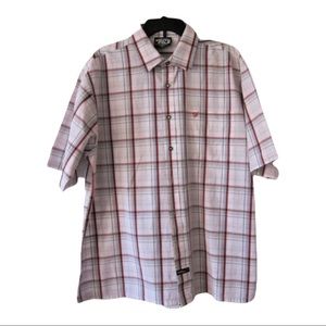 5/$20 white red and grey plaid shortsleeve collar shirt